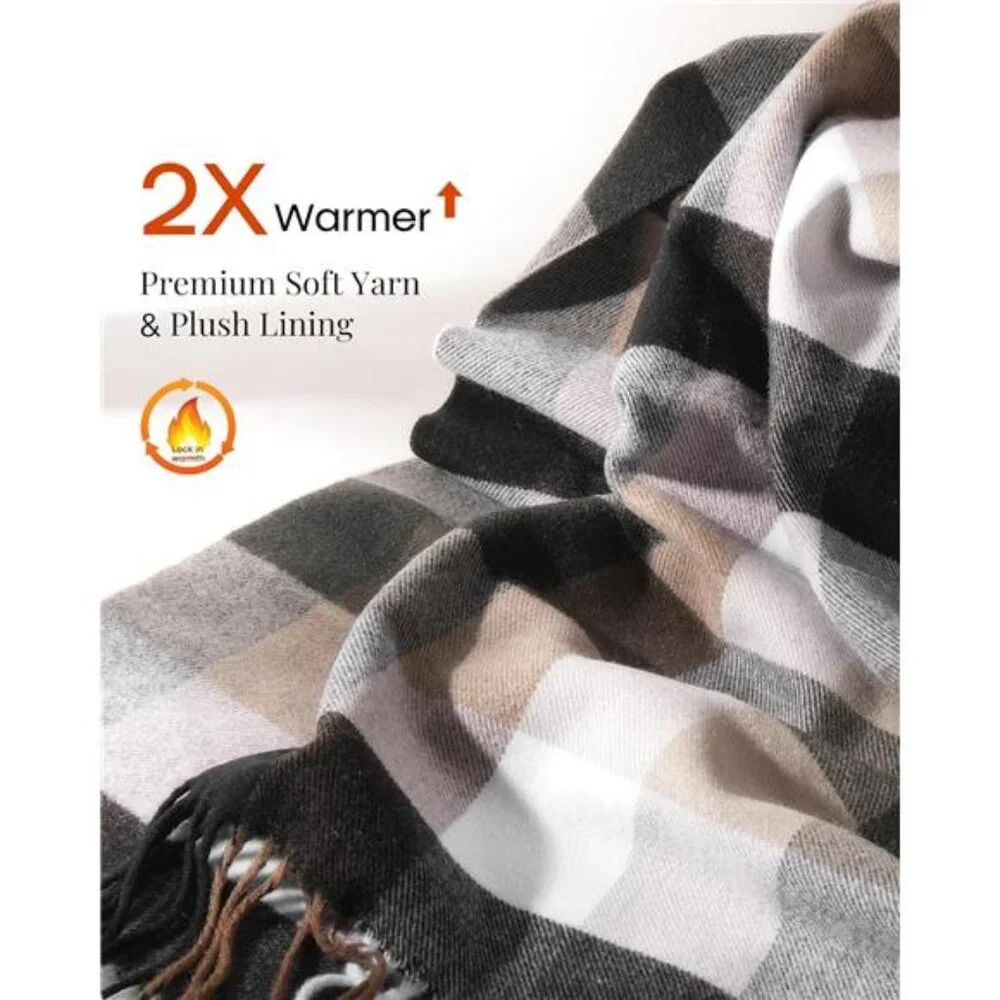 Men's Winter Scarf Long Soft Warm Scarves Plaid Tassel Scarf